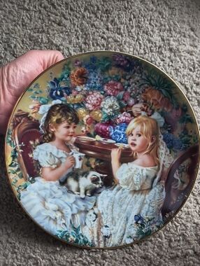 Decorative Porcelain Plate with Floral Tea Party Scene - Multi-color